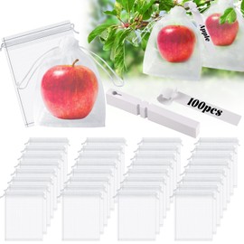 Gushu 100pcs Fruit Protection Bags, 6 x 8 Inch White Fruit Netting Cover Bags with 100pcs Plant Label Drawstring Mesh Fruit Protectors Pest Barrier for Plant Fruit Vegetable Veggies Garden