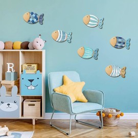 FLCSIed 4 Ps Wood Fish Nautical Beach Wall Decor Wooden Fish Wall Art Hanging Wall Sculpture Decor Ocean Decor Vintage Blue Fish Ornaments for Home Bathroom Bedroom Kid's Room