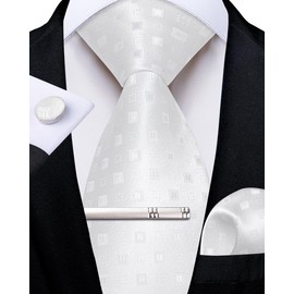 DiBanGu Silk Necktie, Wedding, Pocket Square, Tie Clip, Cufflinks Set, Gift Box Included, White and silver lattice