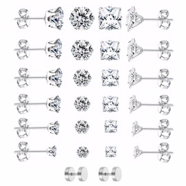 13 Pairs of Men's Earrings, Men's Earrings, Men's Earrings, Men's Earrings, Stud Earrings, Men, Hypoallergenic, Stainless Steel, Comfortable to Wear, Suitable for Men and Women (Square and Round)