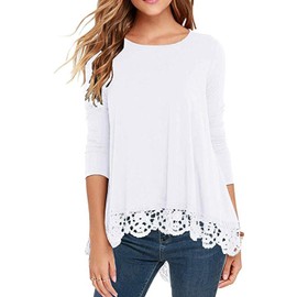 QIXING Womens Tops Lace Hem Long Sleeve Crew Neck Shirts A Line Tunic Blouse for Women UK (A10 Long Sleeve White, L)