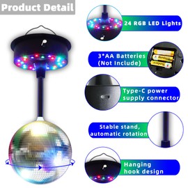 6'' Mirror Disco Ball with 24 LEDs Remote Control 5--9 RPM Adjustable Rotating Motor Base Disco Lamps Ceiling Decor For Show Party Dancing Hall Club Ktv Nightclubs Bars（Includes Remote Controler)