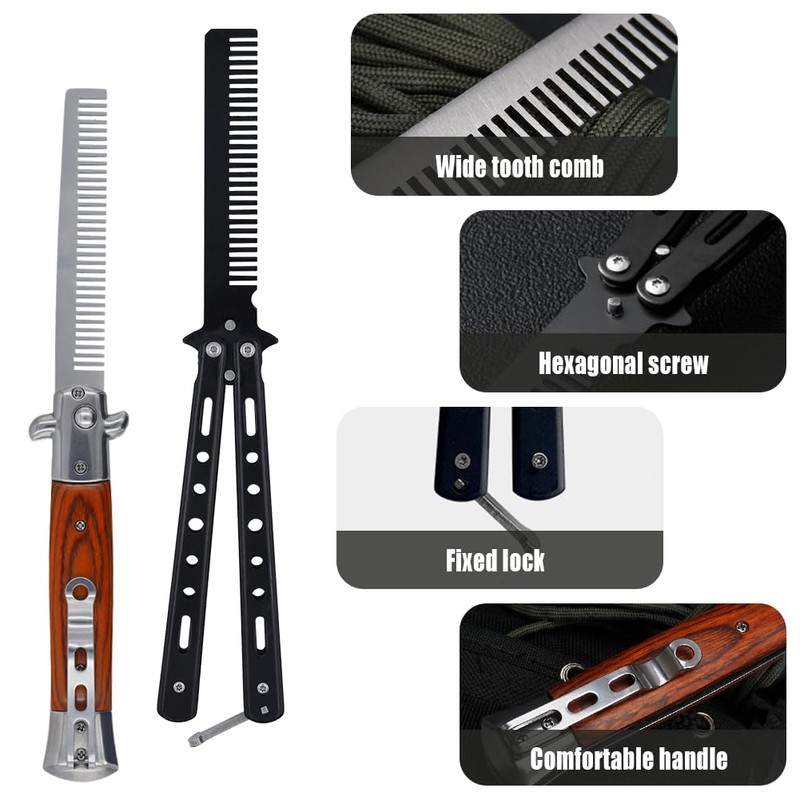 2 Pieces Automatic Switch Folding Practice Combs, Stainless Steel Butterfly