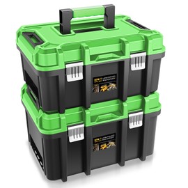 Auto Dynasty 17-Inch Tool Box, 2Pcs Toolboxes Organizer Storage with Removable Tray and Portable Handle for Garage Workshop Home Office Car Trunk, Green