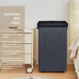 DOKEHOM 90L X-Large Laundry Basket with Removable Wash Bag on Wheels, Collapsible Rolling Laundry Hamper, Foldable Clothes Organizer, Folding Washing Bin (Grey)