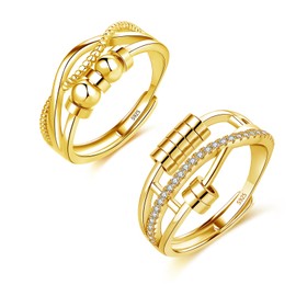 Glintara Anxiety Ring 925 Silver 2 Pieces 925 Sterling Silver Anti-Stress Ring Set, Open Adjustable Spinner Fidget Rings, Partner Rings Pair Rings Against Anxiety, Mood Ring with Beads for Women