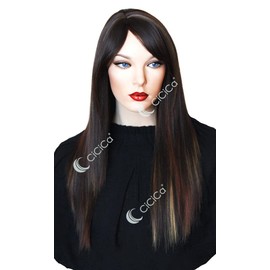 CiCiCa Synthetic Full Cap Wig, 24 Inches Long Wig with Swept Bang, Straight Dark Mixed Brown Premium Heat Resistant Hair Replacement for Women Daily Use. 1 count
