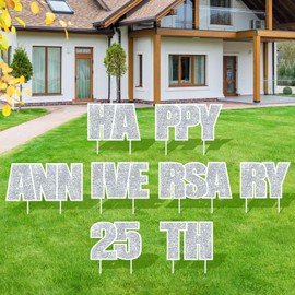 8PCS 25th Anniversary Yard Sign Decorations Black Silver Happy 25th Wedding Lawn Garden Yard Sign with Stakes for Married Women Men 25 Years Anniversary Wedding Decor Outdoor Party Supplies
