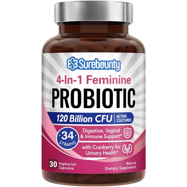 Surebounty Probiotics for Women, 120 Billion CFU 34 Strains, Prebiotics + Digestive Enzymes + Cranberry, 4-in-1 Feminine Probiotic, Digestive & Vaginal Support, 30ct