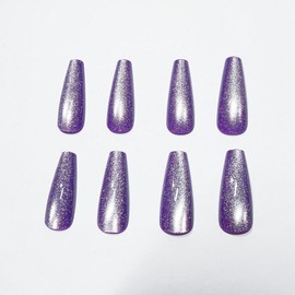 MNmagicnail-Glossy Press On Nails,Medium Coffin Cat Eye False Nails, Opaque "Aurora Purple" Reusable Nails for Women&girl, Acrylic Fake Nails with Gelly Glue in 12 Sizes-24 Nail Kit