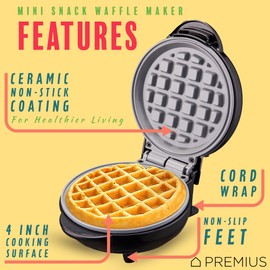 PREMIUS Ceramic Nonstick Mini Snack Waffle Maker, 4” Mold, Quick Heat for Crispy Waffles, French Toast, Tuna Melt, Egg & Grilled Cheese, Sandwiches for Kids & Family, Just Add Batter (Black)