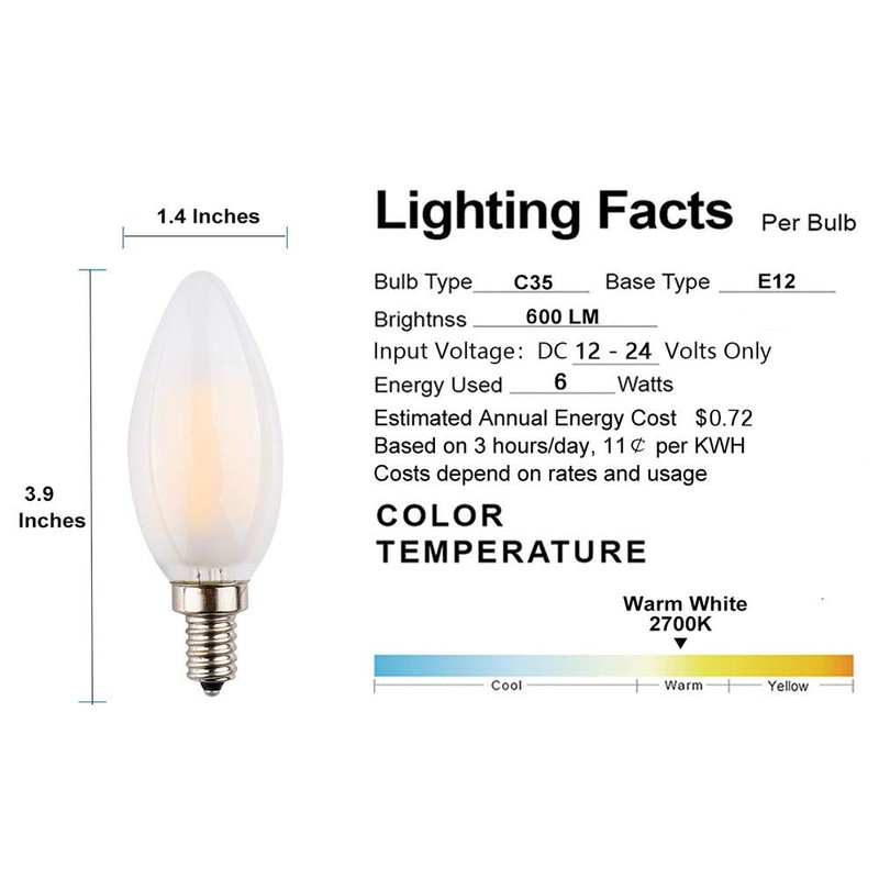 OPALRAY DC 12V-24V Power Input LED Candelabra Bulb, 6W Dimmable