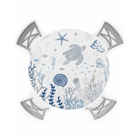 Ocean Round Tablecloth with Elastic, Summer Waterproof Tablecloths Fitted Table Cloth, Farmhouse Sea Turtle Coral Shell Table Cover - Table Covers for Kitchen, Party, Camping, Outdoor 55"-60"