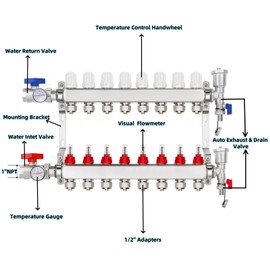 YUFUYEK 8-Branch PEX/Radiant Heat Manifold，1/2" PEX Tubing Manifold,304 Stainless Steel Floor Heat Manifold Kit with 1/2" Adapters Included for Hydronic Radiant Floor Heating (8-Loop)