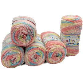 5 x 100 g Baby Wool Ilkadim Export Sekerim Bebe Batik Multicoloured, 500 g Wool Acrylic Knitting Yarn (Blue, Yellow, Pink, White 3045)