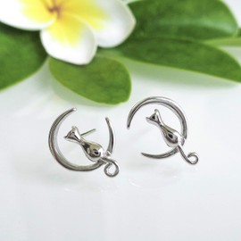 Hiqmic 925 Sterling Silver Fashion Moon Cat Ear Stud Piercing Earrings White Gold Plated Jewelry Gifts for Women_WK90151, Silver, Cubic Zirconia