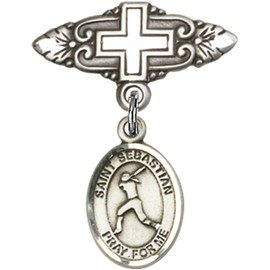 Bonyak Jewelry Saint Medal Collection Sterling Silver Baby Badge with St. Sebastian/Softball Charm and Badge Pin with Cross 1 X 3/4 inches