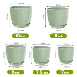 LESOASIS Plant Pots 10/9/8/7.5/7 inch Flower Pots, Set of 5 Plastic Planters with Drainage Holes and Saucers, Nursery Planting Pot for Indoor Outdoor Plants, Livingroom Garden Decor (Green)