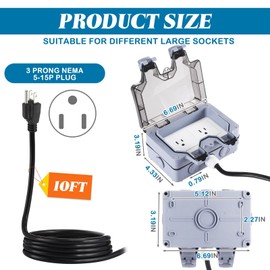 Kanayu Outdoor Outlet Box with 10ft Extension Cord, Dual 15 AMP 5-15 Receptacles Weatherproof Waterproof IP66 Outdoor Exterior Socket with Cover, 14 AWG/3C SJTW Cord