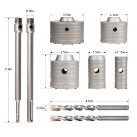 9Pcs Masonry Concrete Hole Saw Kit (30 40 65 80 100 mm), 300 mm Tungsten Carbide SDS Plus and SDS Max Bit Shank, Hole Saw Set for Concrete Brick Stone Cement Tile