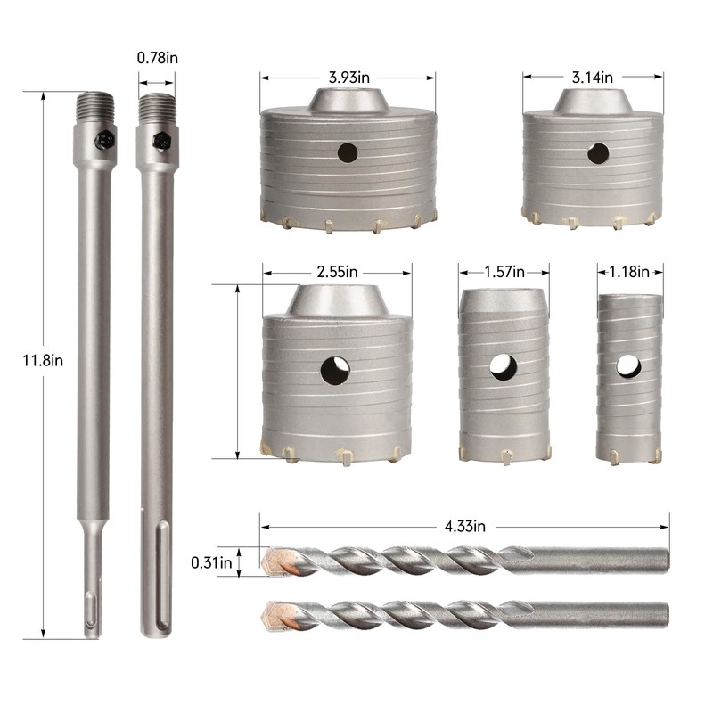 9Pcs Masonry Concrete Hole Saw Kit (30 40 65 80