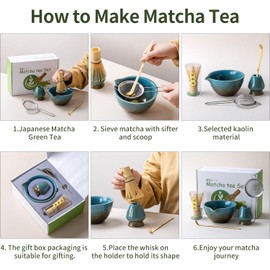 Traditional Matcha Tea Ceremony Set with Ceramic Bowl, Bamboo Whisk, Stand and Strainer, 5-Piece (blue)