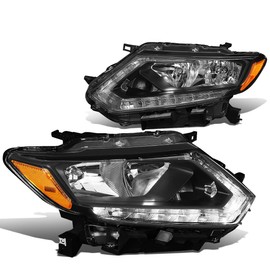 Auto Dynasty Halogen Model LED DRL Headlight Compatible with Nissan Rogue 2014 2015 2016, Driver and Passenger Side, Black Housing Amber Corner