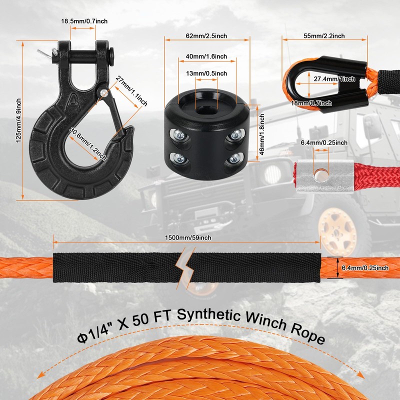 Aomifunny Synthetic Winch Rope,1/4" x 50 ft 10000Lbs Winch Rope