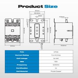 AC Contactor, Malictele 3 Pole 40 Amp Contactor 24v Coil A2L Compliant Contactor Heavy Duty HVAC Contactor for AC Unit Outdoor Compatible Condenser Compressors Refrigeration Systems Motors