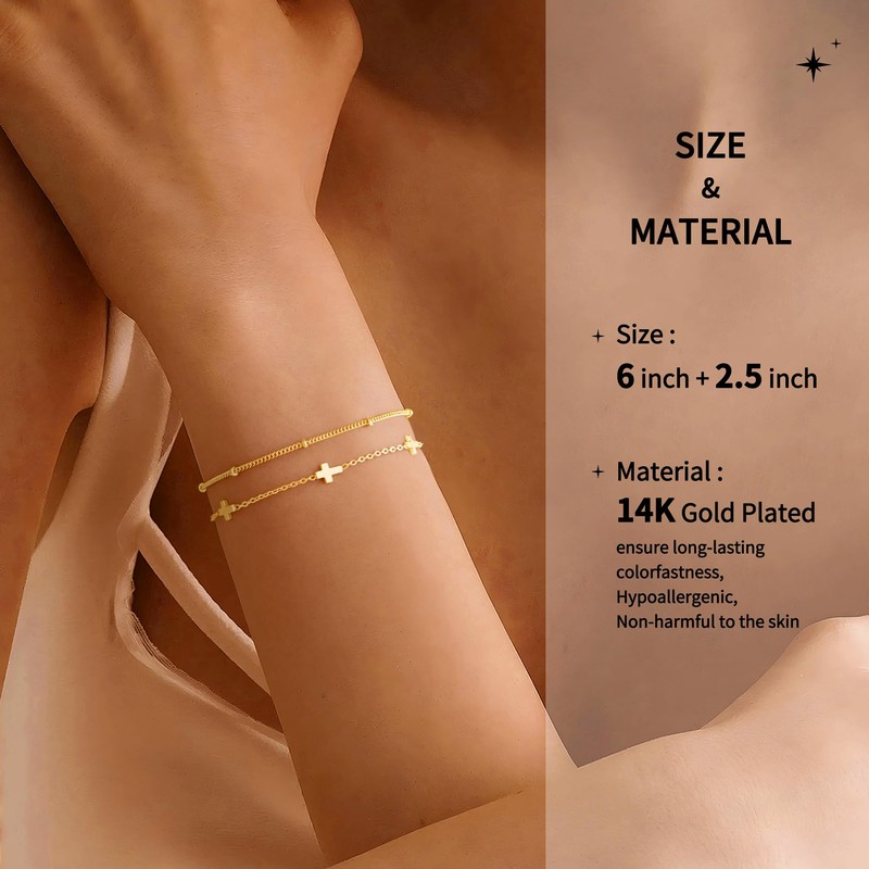 Turandoss Gold Bracelets for Women, Dainty 14K Gold Cross Bracelets