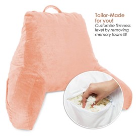 Clara Clark Reading Pillow Adult, Back Pillow for Sitting in Bed - Shredded Memory Foam Reading & Bed Rest Pillow with Arms and Pockets - Bed Pillows for Sitting Up in Bed - Medium, Peach