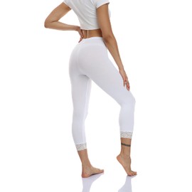 Women's Lace Trim Leggings 3/4 Length Capri Stretchy High Waist Yoga Cropped Leggings Lightweight Tights Leggings White