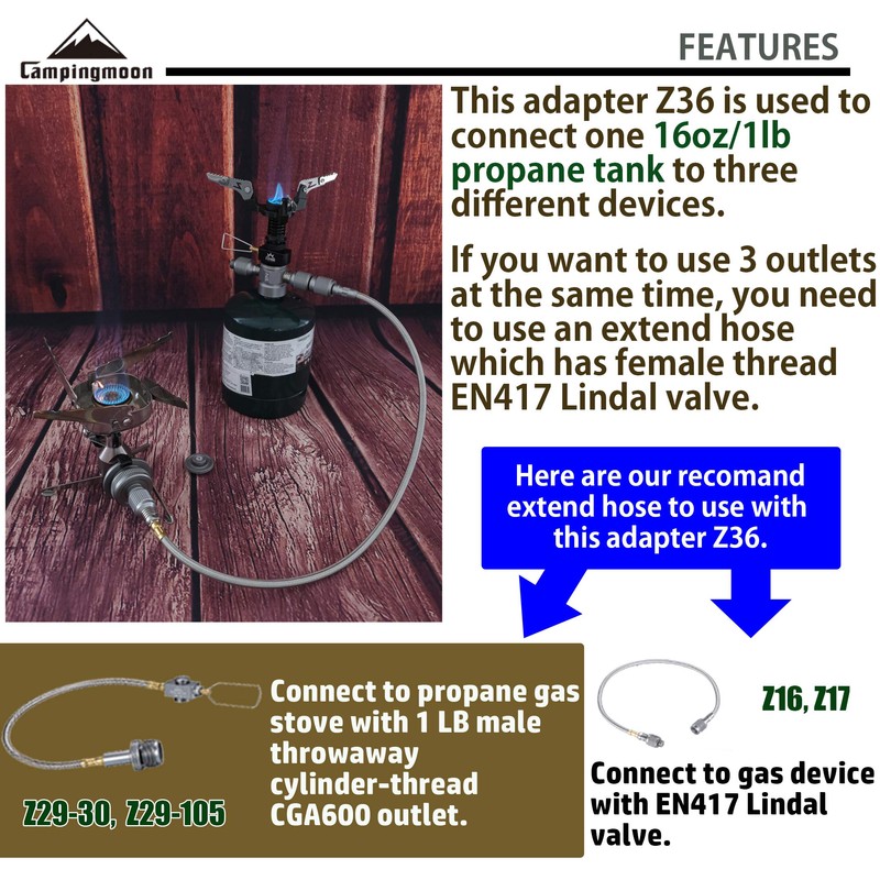 CAMPINGMOON 3 Outlet Camping Stove Adapter, Inlet: 16oz/1Lb Small Propane