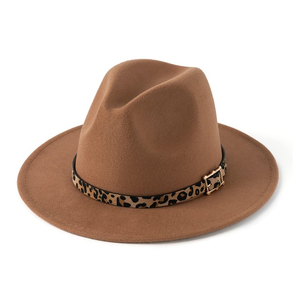 HUDANHUWEI Women's Wide Brim Felt Fedora Panama Hat with Leopard
