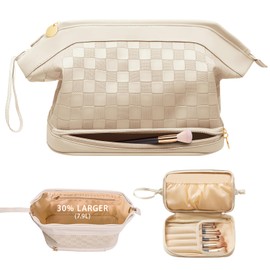 Hairao Large Makeup Bag, Double Layer Makeup Bag Organizer,Cosmetic Travel Bag, Portable Leather And Checkered Toiletry Bag, Waterproof Roomy Bag For Women And Girls