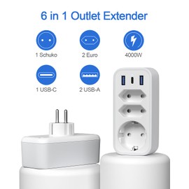 6 in 1 Multiple Socket Adapter, STGAROT Triple Multiple Plug with 1 PD18W USB-C and 2 USB Ports, Double Plug for Wall Socket