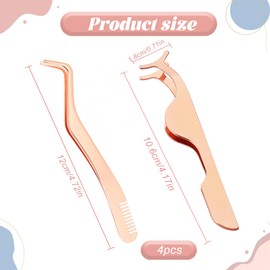 4Pcs Eyelash Tweezers, Eyelash Applicator Tool, Professional Lash Tweezers for Eyelash Extensions, False Eyelash Auxiliary Tool with Comb, Lash Applicator Tool for Makeup False Eyelashes (Rose Gold)
