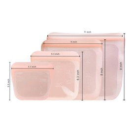 purifyou Set of 4 Reusable Silicone Storage Snack Bags 6oz / 16oz / 32oz / 64oz Self-Seal Food Storage Container for Fruits, Vegetables, Sandwiches, Dishwasher Safe & Leak-free (CloudPink)