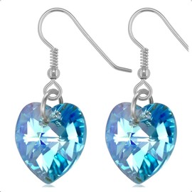 Sterling Silver Heart Earrings with Birthstone - March Aquamarine Blue Crystal Drop Earrings - Delicate & Fine Dangle Earrings - Jewellery Gift for Women, Girls, Teens, Wife & Girlfriend