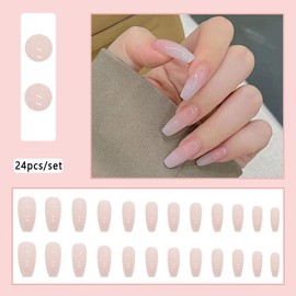 Carufin 24 Pieces White Gradually Long Coffin Nail Shiny Rhinestone Cute Nude Pink Fake Nails Print on Nails Ballet False Nails for Women Girls (B)