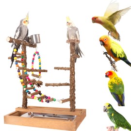 GOVNPJ Bird Play Stand - 14.2x10.2x16.9 Natural Wood Perch for Parakeets/Cockatiels - Includes Feeding Bowl, Swing & Platform - Parrot Playground with Pepper Wood Branches