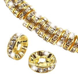 Toaob 100 x 10 mm Rondelle Rhinestone Spacer Beads Gold Metal Crystal Rhinestones Spacer Beads for Jewellery Making