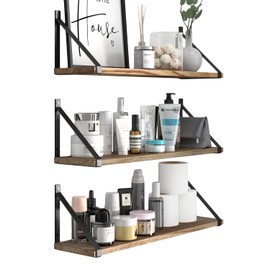 Wallniture Bora Floating Shelves for Wall, 24"x6" Bathroom Storage Shelves, Rustic Wood Shelf Set of 3, Burned Finish
