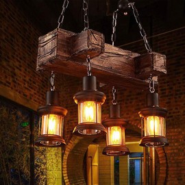 Farmhouse Lighting Industrial Rustic Wood Linear Island Pendant Light Chandelier Lighting Hanging Ceiling Fixture 4-Lights for Coffee Shop Restaurant