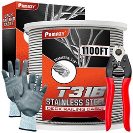1100FT 1/8” T316 Premium Stainless Steel Deck Cable Railing Kit with Cutter & Gloves, 7x7 Strands Construction, Cable Railing Hardware System, Stair Railing, Wire Rope Aircraft Cable for Hanging