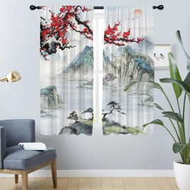 RTFEVG Japanese Cherry Blossom Window Curtain Asian Anime Cool Watercolor Red Floral Landscape Abstract Art Drapes Rod Pocket 42x63 Inches Bedroom Curtain Set for Living Room Bathroom Kitchen Decor