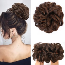 Bun Hairpiece Hair Scrunchie with Hair, Curly Messy Bun Hairpiece with Elastic Band, Synthetic Hair Bun Updo Hair Extension (4/30# (Dark Brown Light Auburn Mixed))