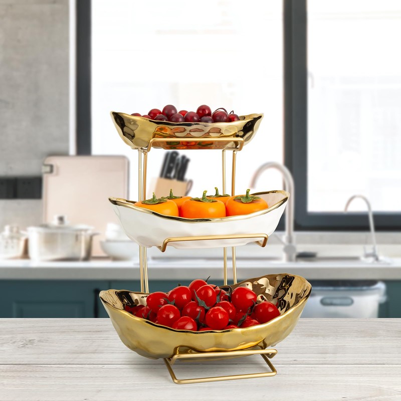 YYW 3 Tier Fruit Bowl for Kitchen Counter, White Gold
