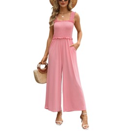 Tanou Women's 2024 Pleated Empire Waist Jumpsuits Smocked One Piece Wide Leg Overall Maternity Rompers Pockets Pink M