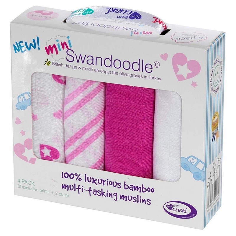 Cuski Super Soft Bamboo Muslins x 4 (Jolie Hearts), Pink,